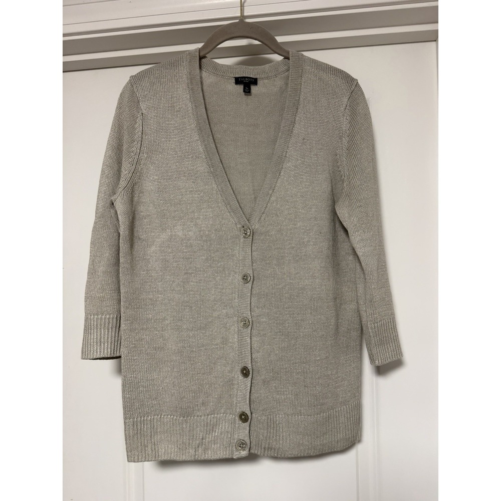 Talbots, gray v-neck cardigan, 3/4 sleeves & a front button closure, Linen, Sm
